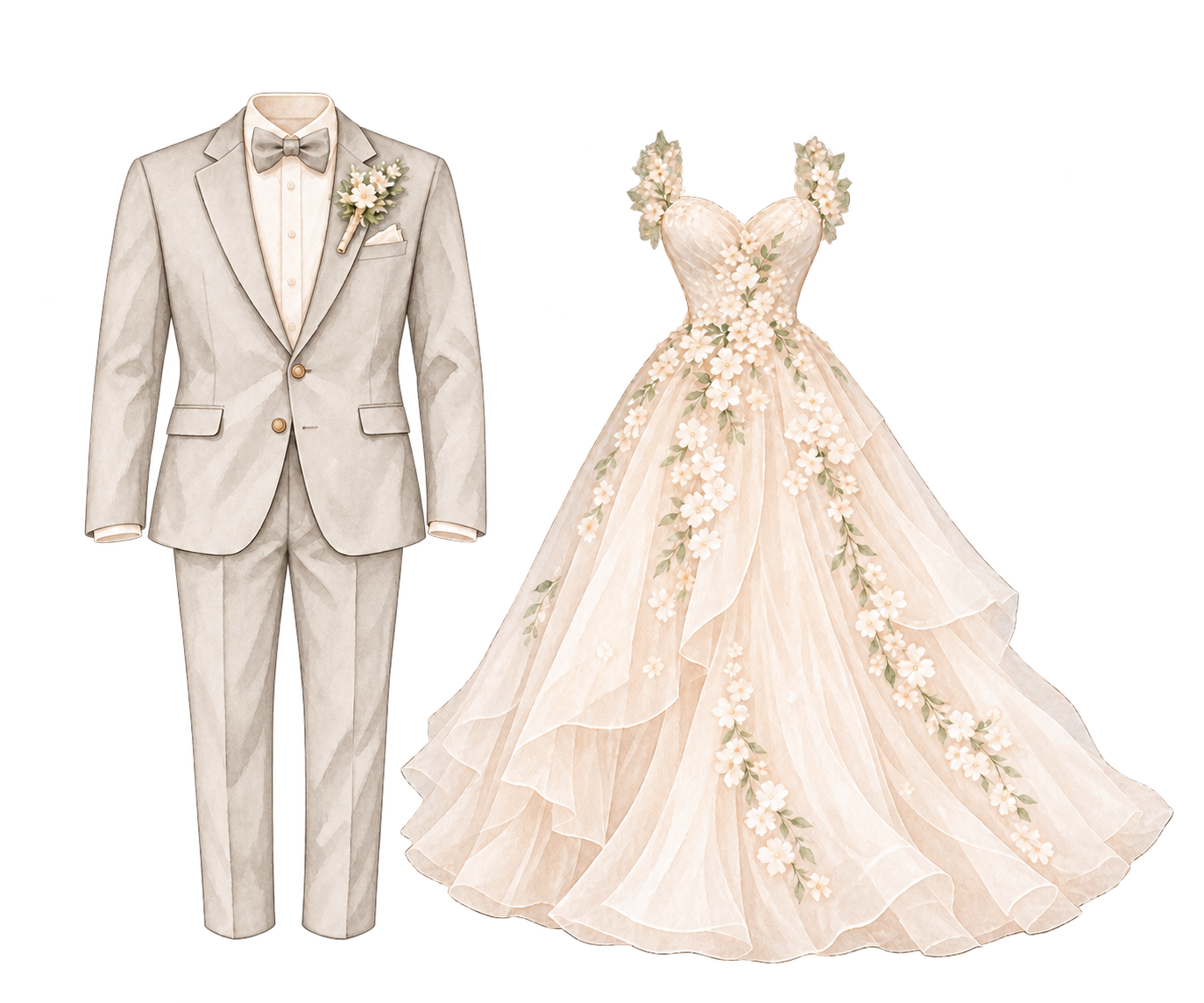 Hand-painted watercolor cream-gray suit and champagne bridal dress