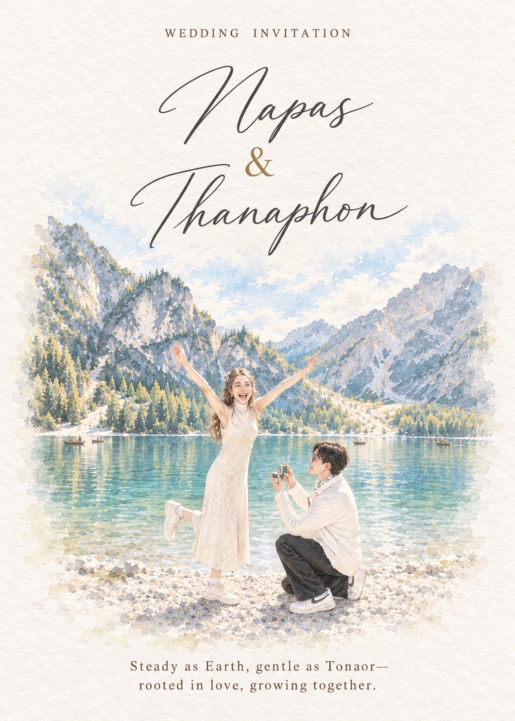 Watercolor wedding invitation for Napas and Thanaphon, showing their proposal beside Lago di Braies